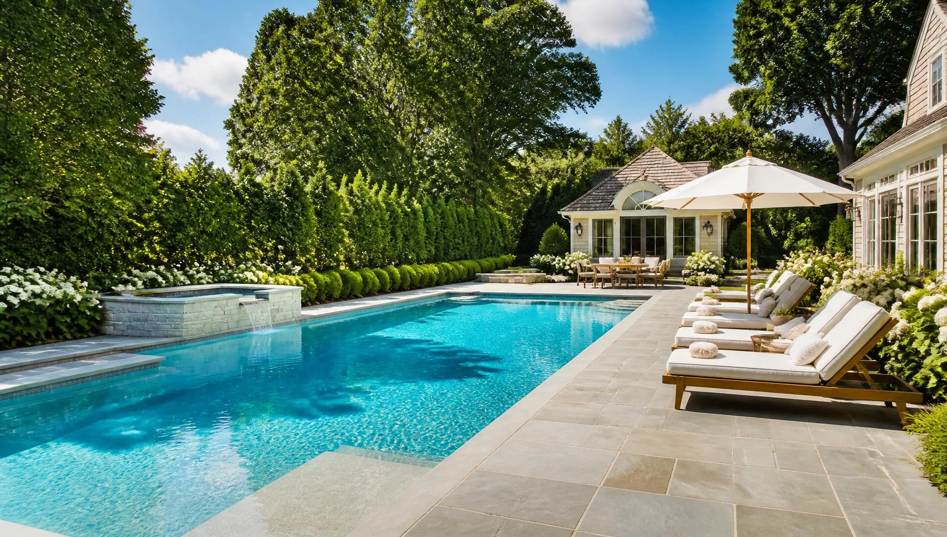 Pristine pool with loungers and stone deck